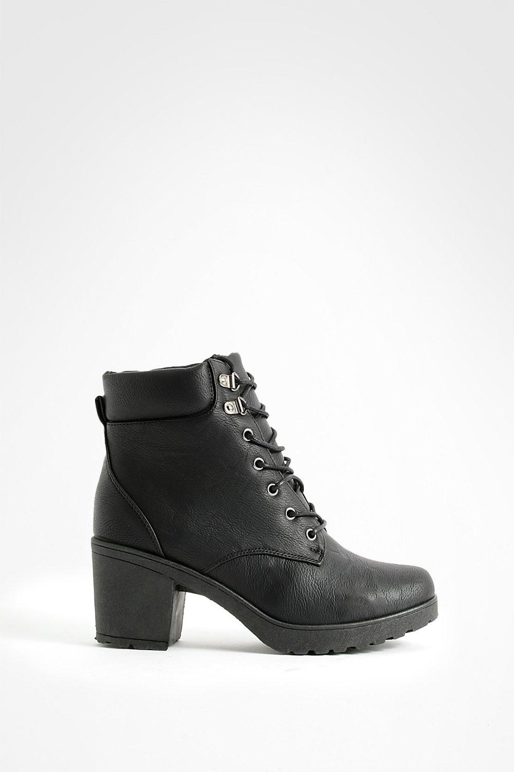 black lace up heeled hiker boots