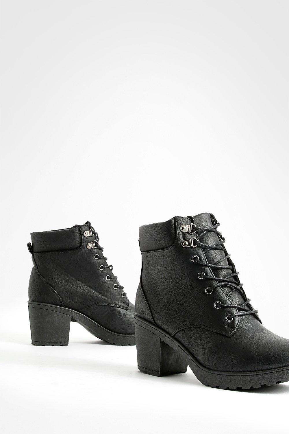 black lace up heeled hiker boots