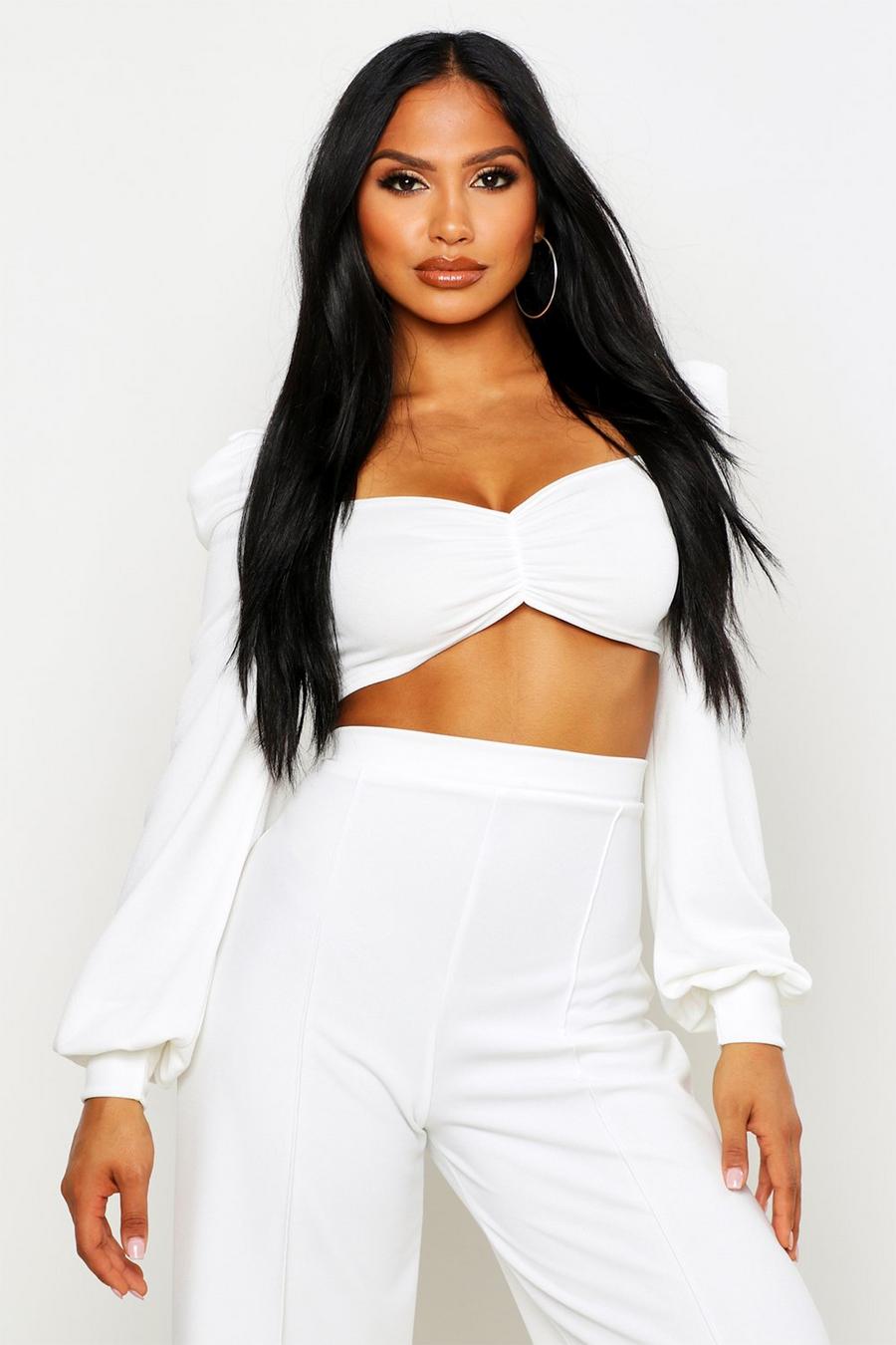 Crepe Ruched Puff Sleeve Crop Top image number 1