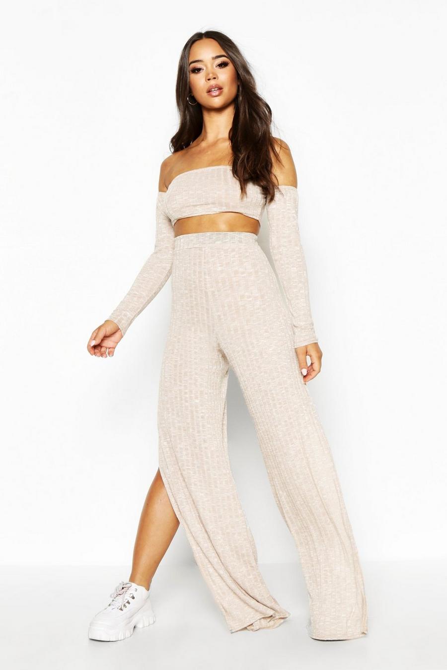 Beige Off The Shoulder Ribbed Top & Wide Leg Pants Two-Piece image number 1