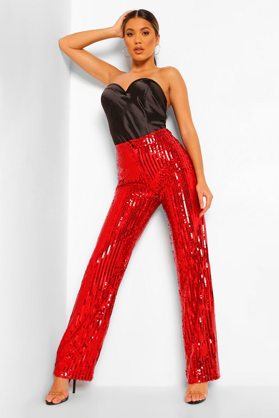 Pantalon coupe large à paillettes, Red image number 1