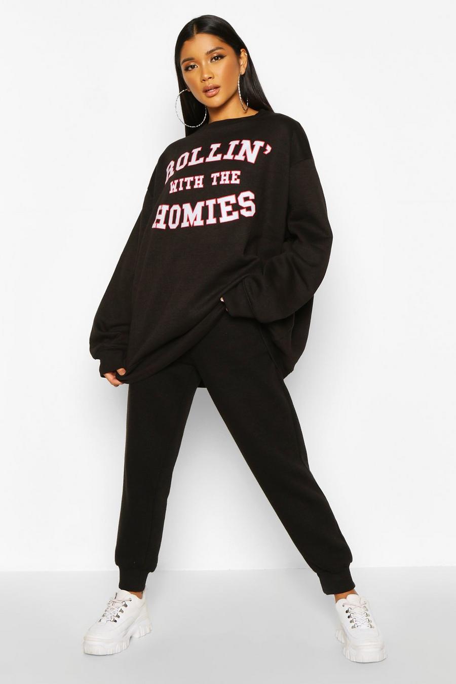 Oversize Sweatshirt mit Rolling with Homies Slogan, Schwarz black