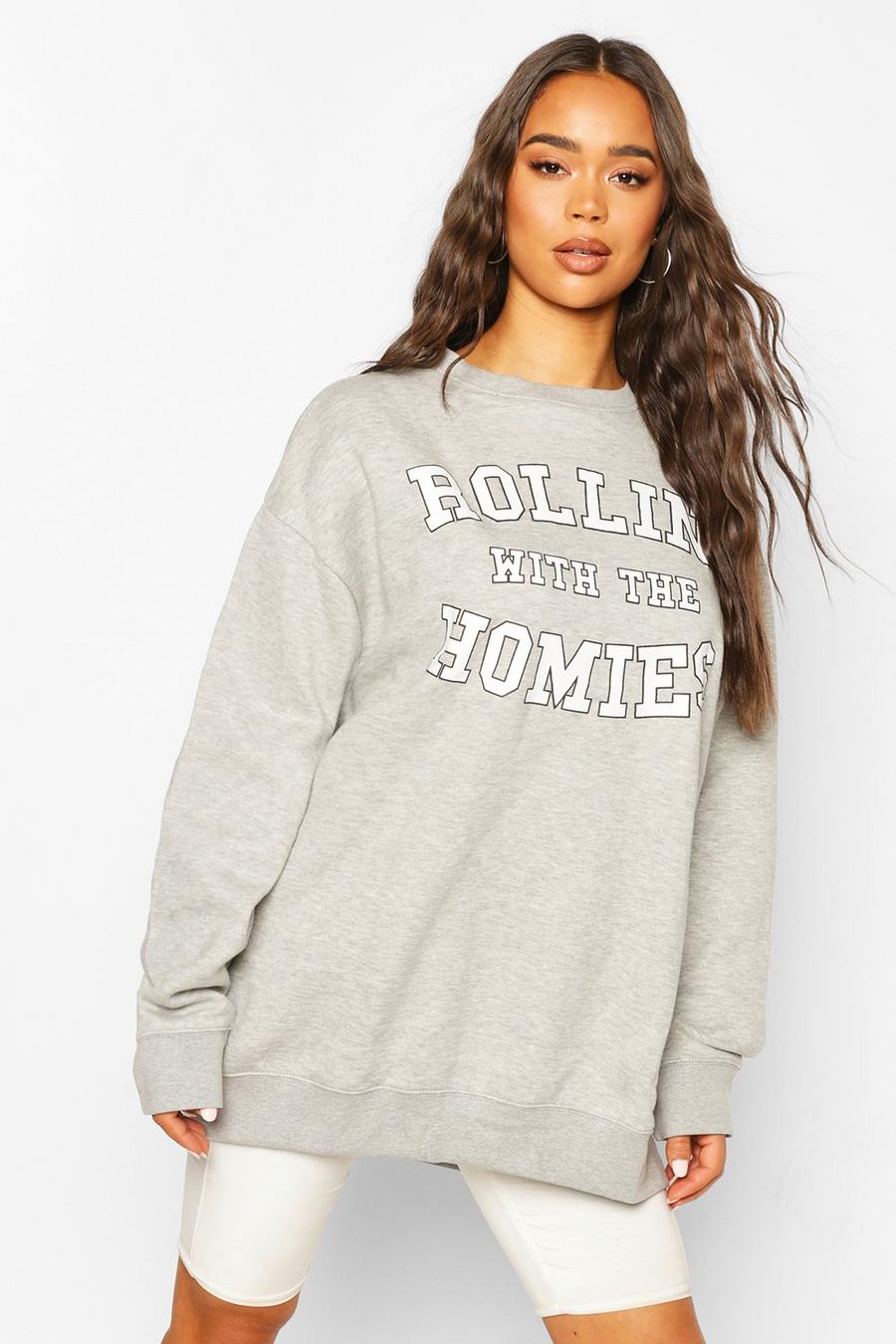 Grey "Rolling with the homies" oversize sweatshirt med slogan image number 1