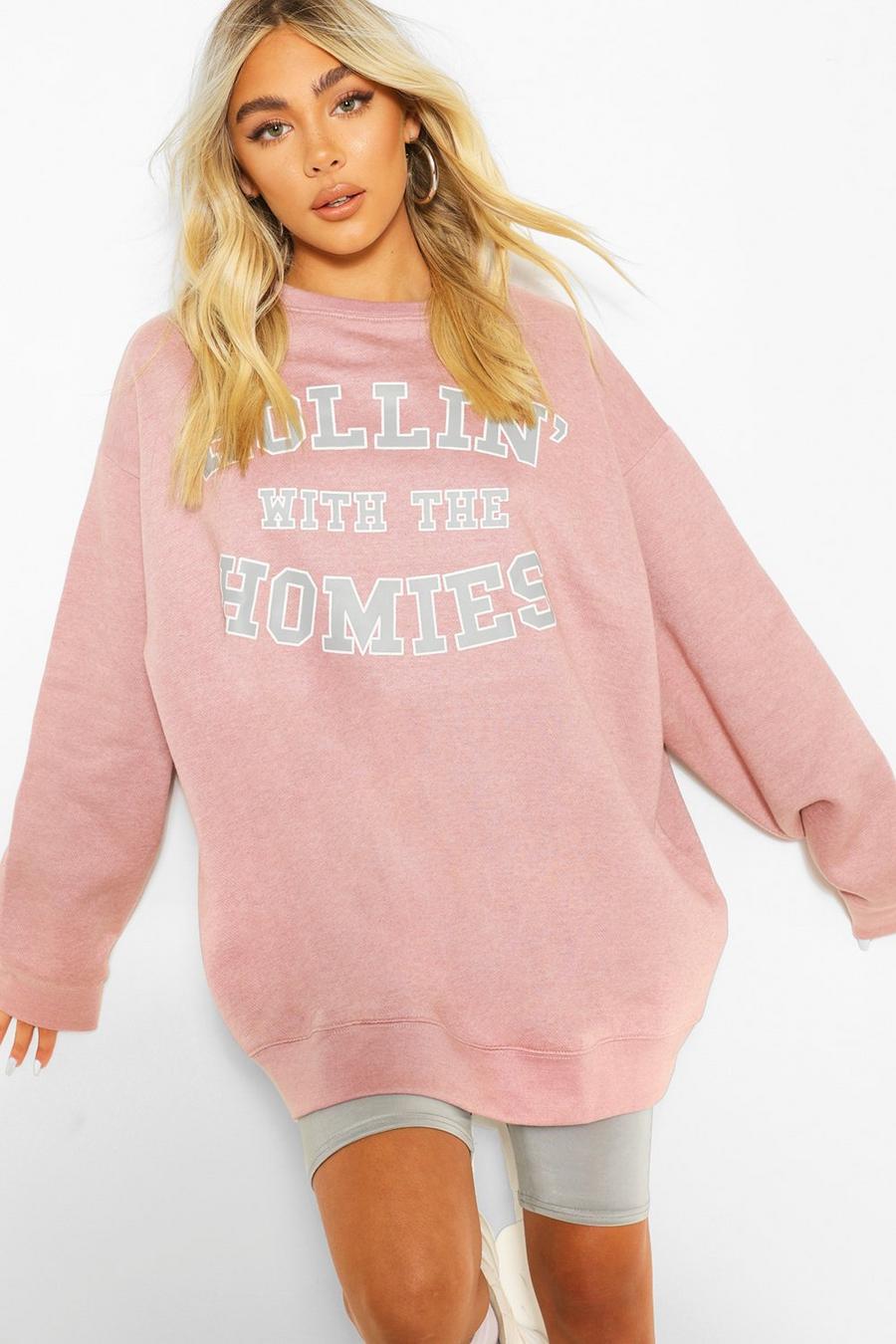 Pink "Rolling with the homies" oversize sweatshirt med slogan image number 1