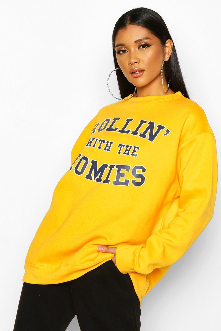 Yellow "Rolling with the homies" oversize sweatshirt med slogan image number 1