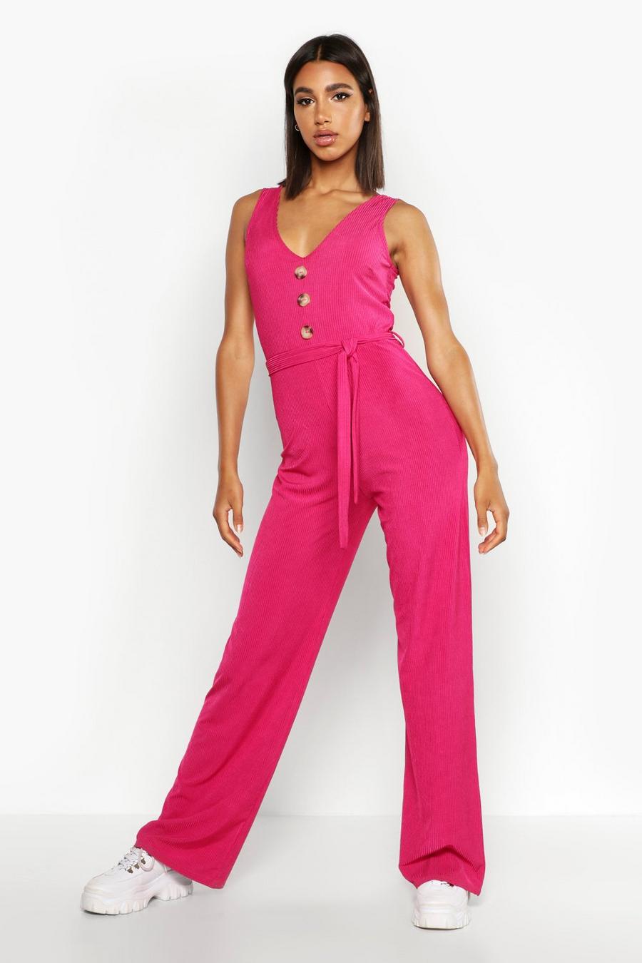 Ribbed Button Through Wide Leg Jumpsuit image number 1