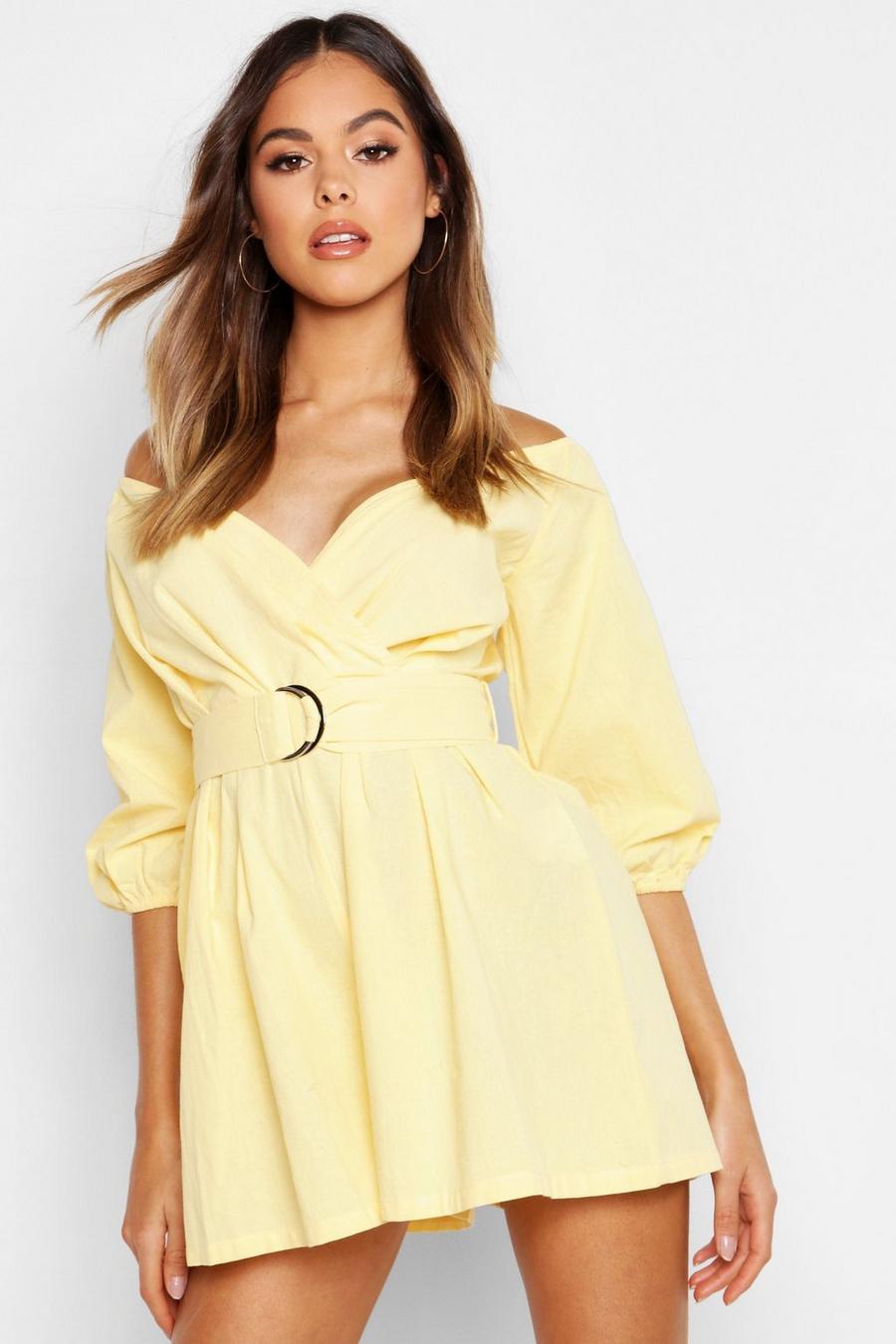 Yellow Linen Mix Bardot Belted Wrap Playsuit image number 1