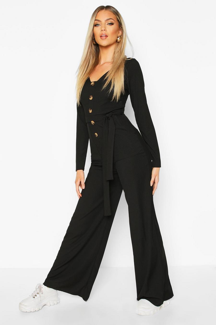 Black Long Sleeve Horn Button Ribbed Tie Jumpsuit image number 1