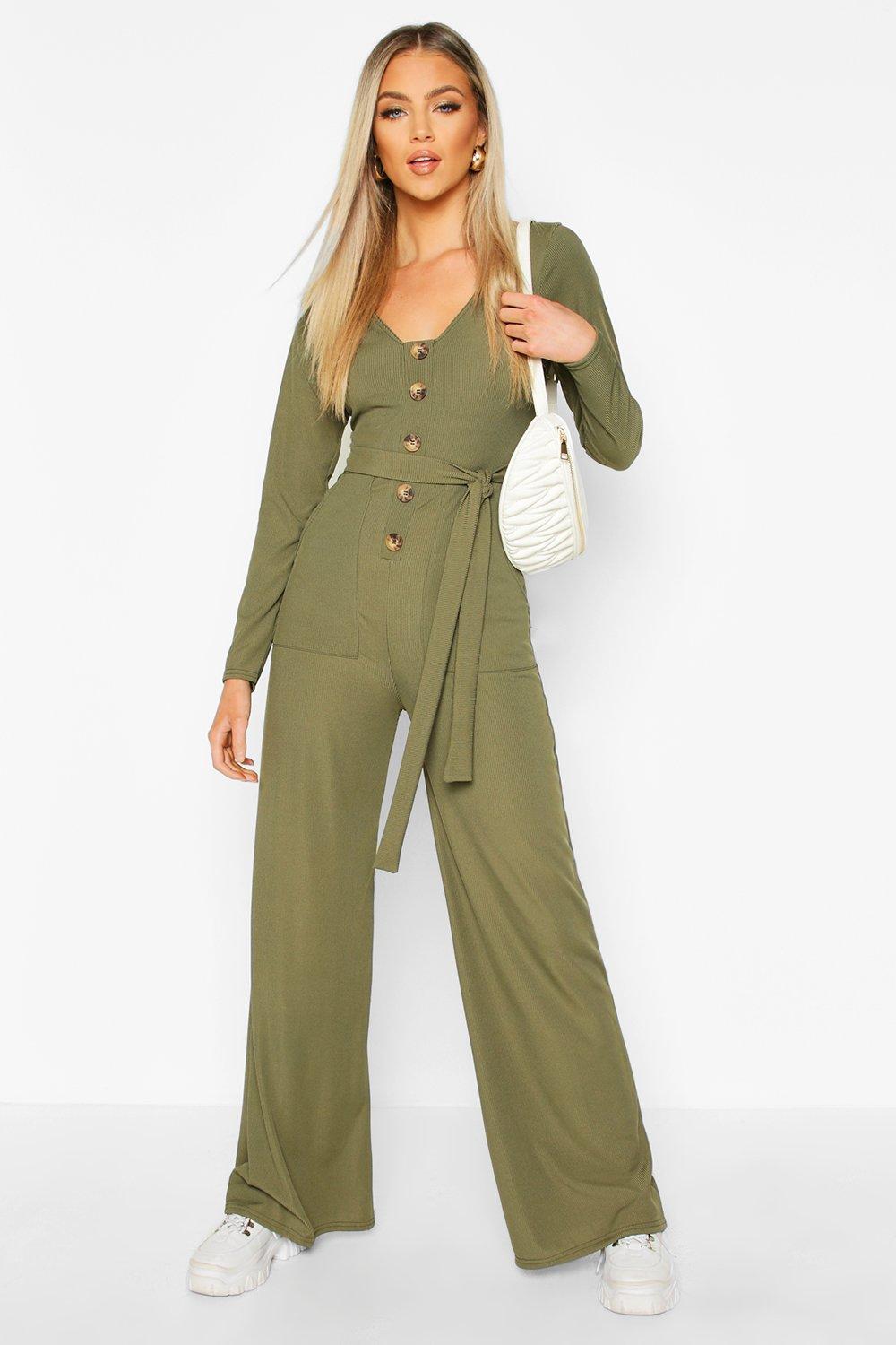 Long Sleeve Horn Button Ribbed Tie Jumpsuit