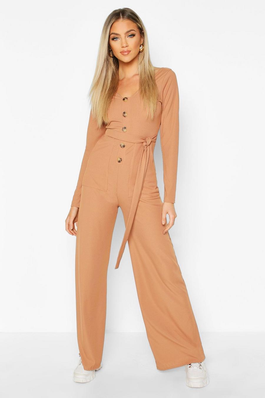 Camel beige Long Sleeve Horn Button Ribbed Tie Jumpsuit