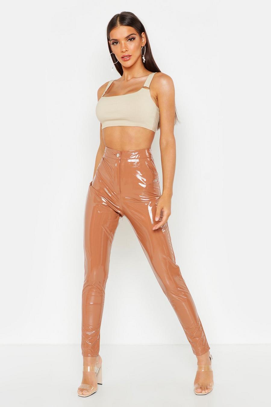 Caramel High Waisted Vinyl Skinny Trousers image number 1