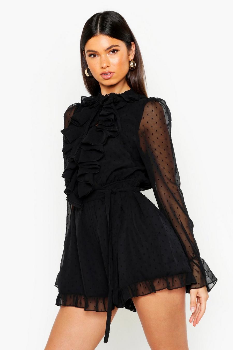 Dobby Mesh Ruffle Front Romper image number 1