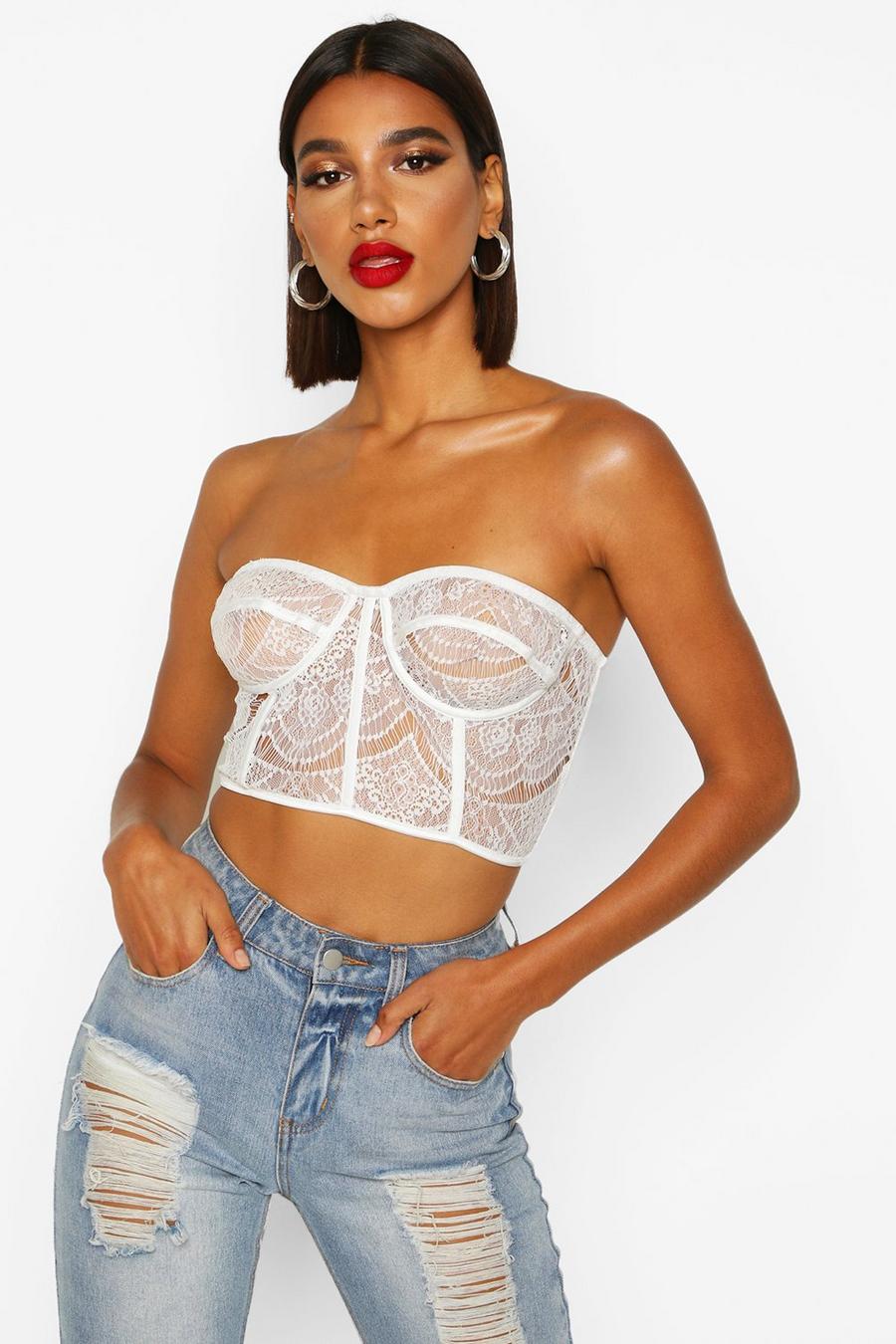 White Lace Panelled Bustier Bandeau Crop Top image number 1