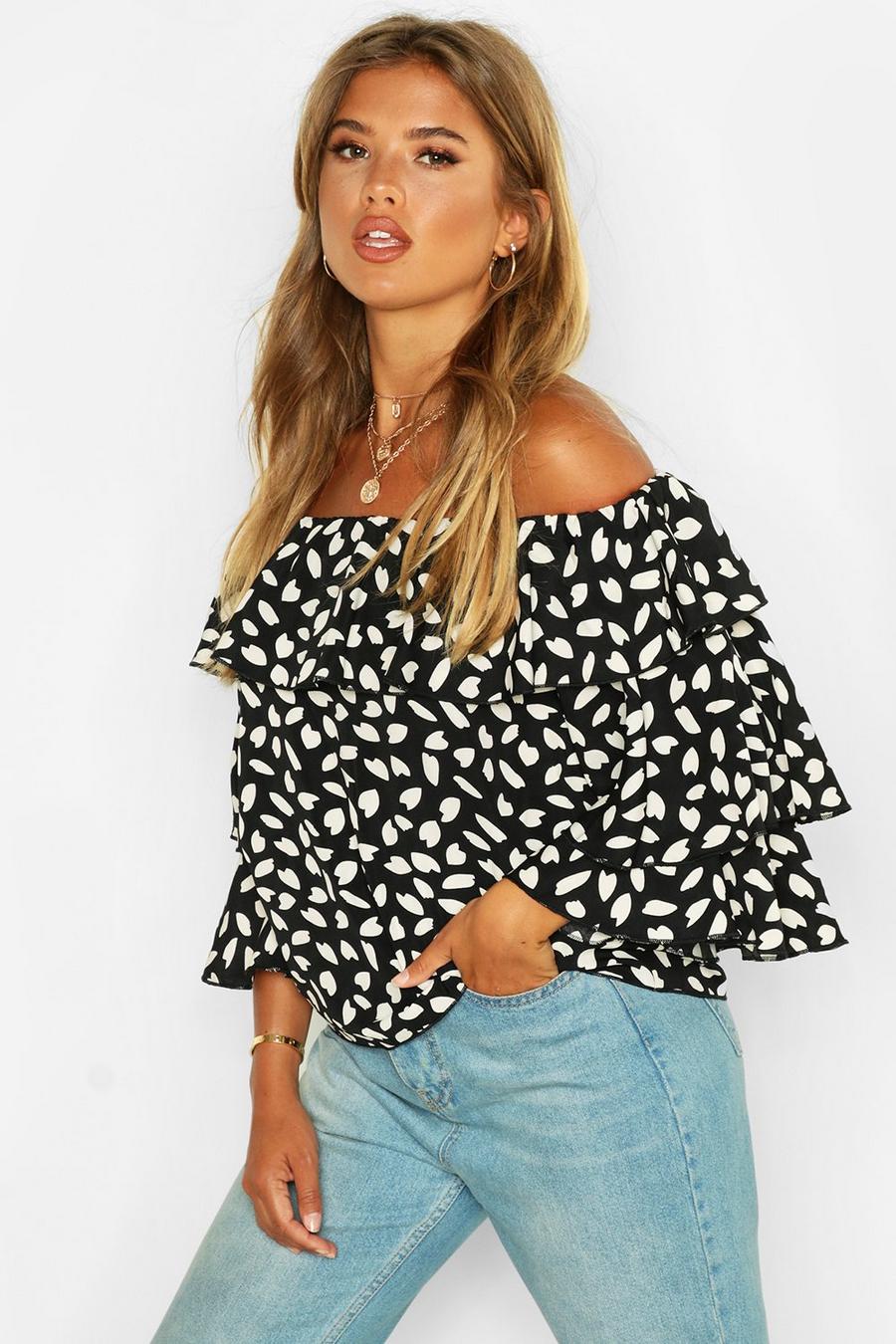 Woven Printed Off The Shoulder Ruffle Top image number 1