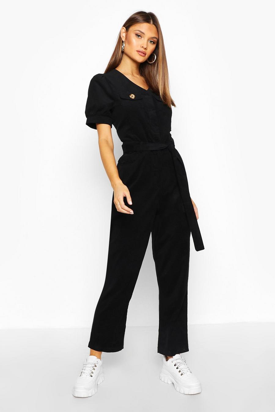 Black Cord Puff Sleeve Ankle Grazer Jumpsuit image number 1