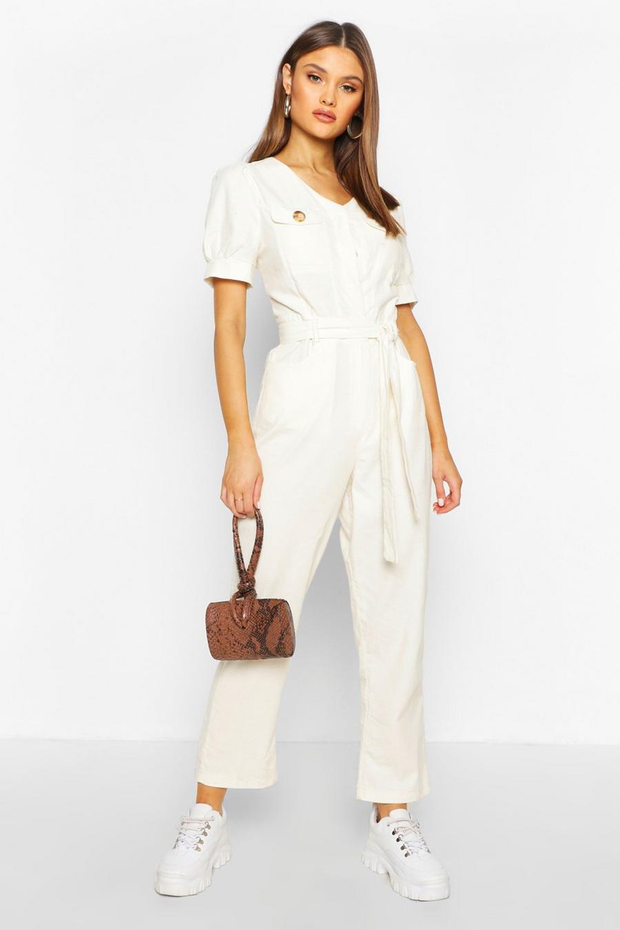 Ivory Cord Puff Sleeve Ankle Grazer Jumpsuit image number 1