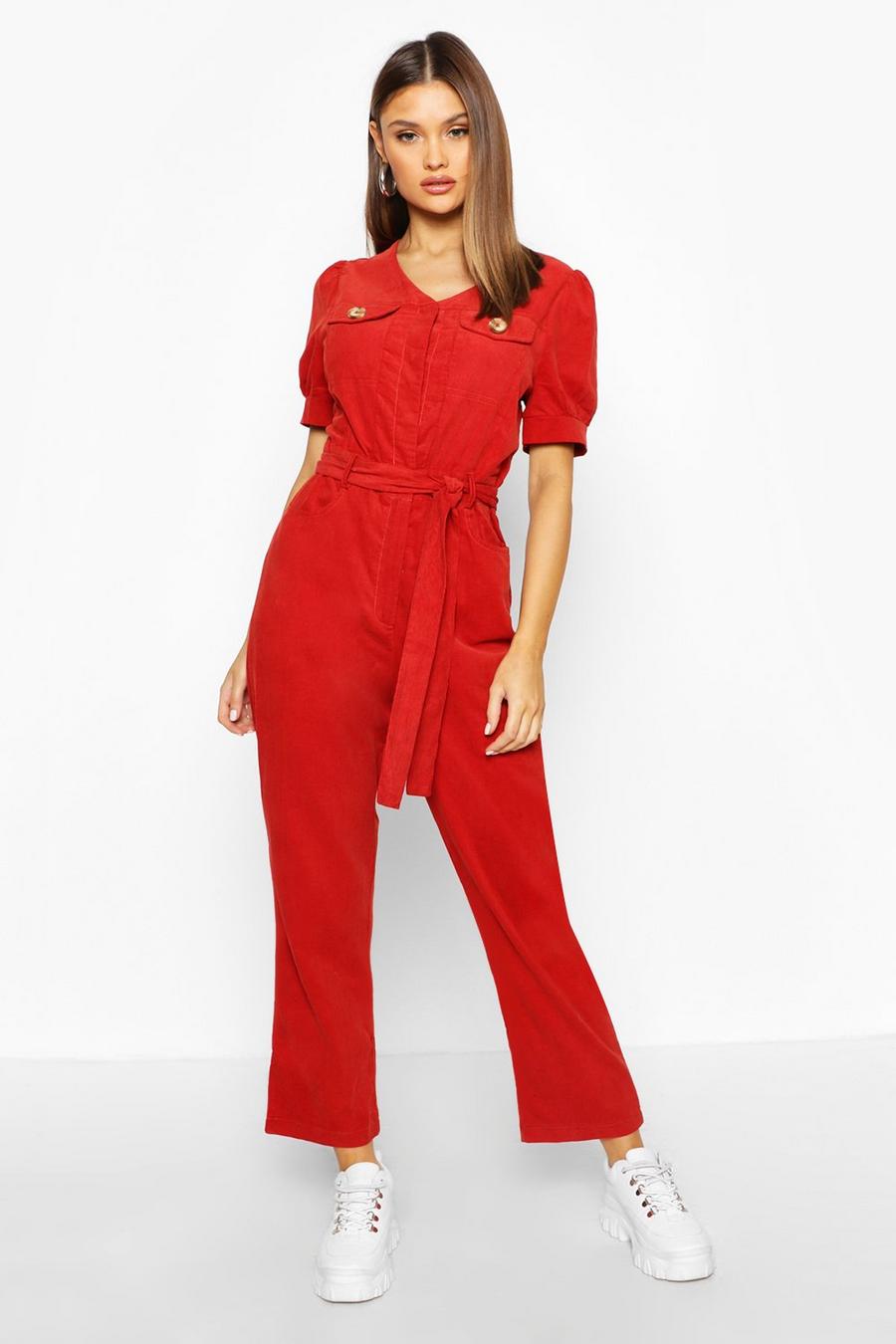 Rust Cord Puff Sleeve Ankle Grazer Jumpsuit image number 1
