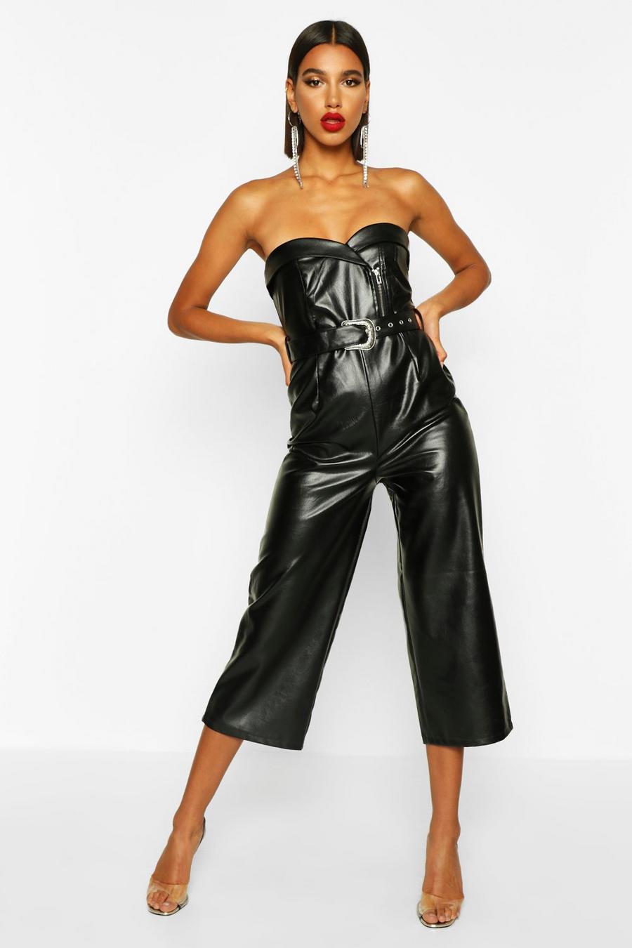 Black Faux Leather Belted Culotte Jumpsuit image number 1
