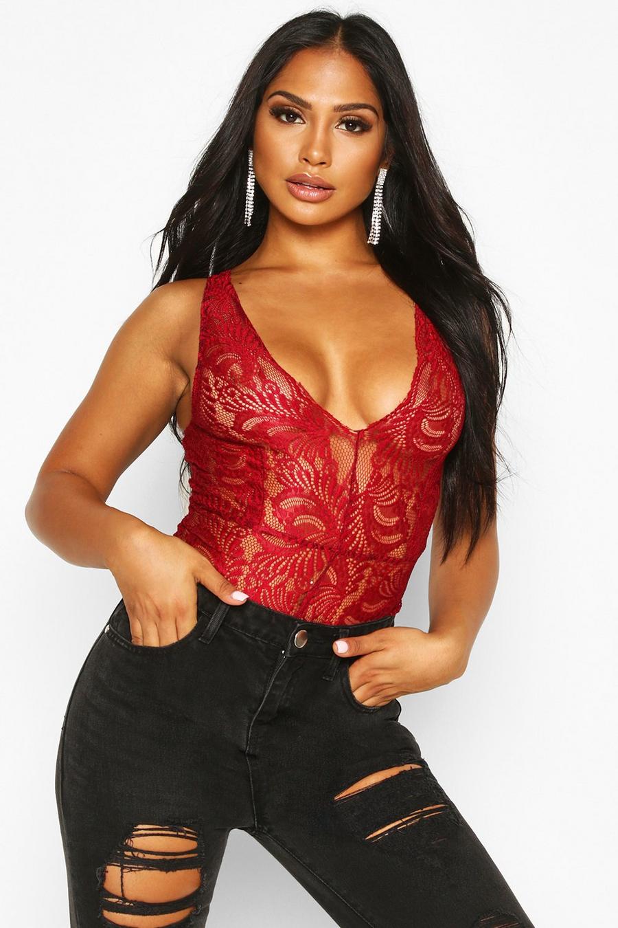 Berry rojo Lace Bodysuit image number 1