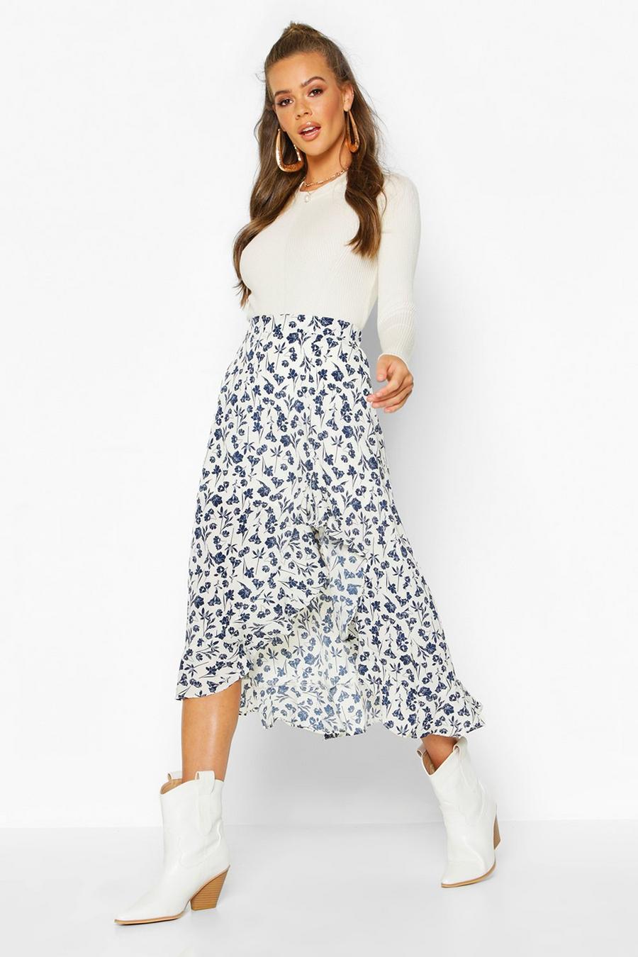 Blue Ruffle Front Floral Midi Skirt image number 1