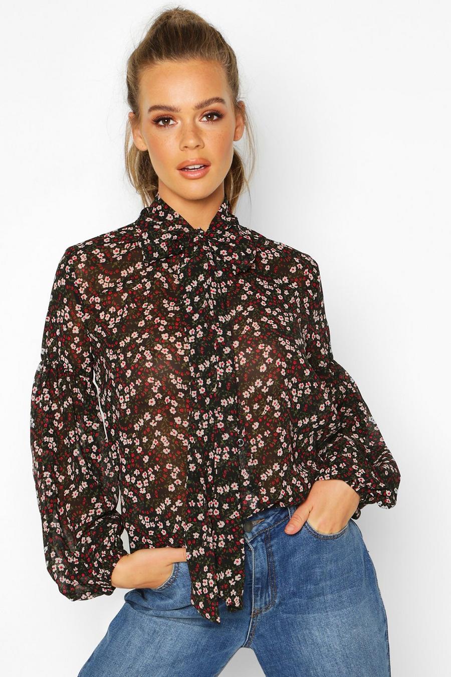 Woven Floral Pussy Bow Blouse image number 1