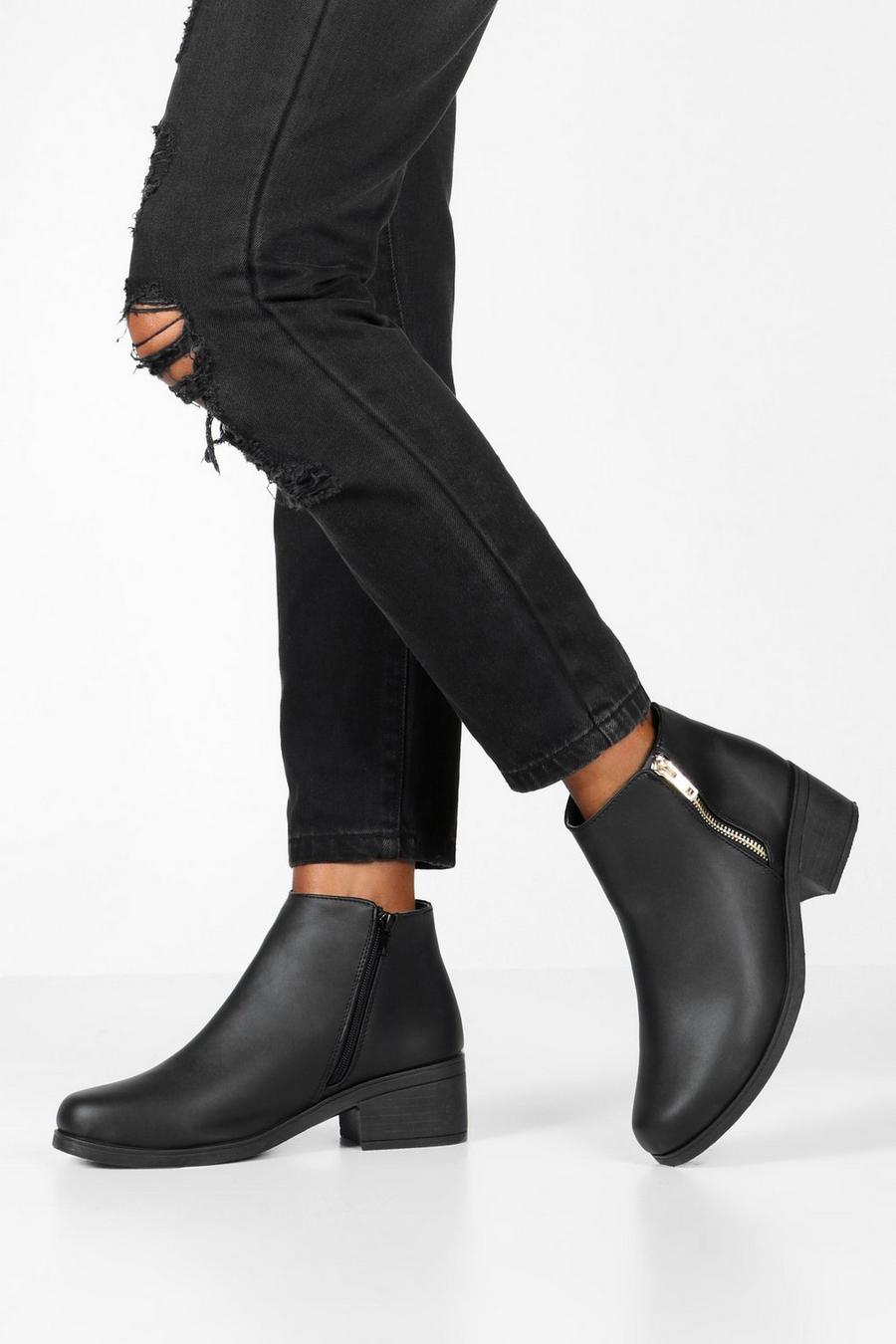 Black Zip Side Block Heel Chelsea Boots