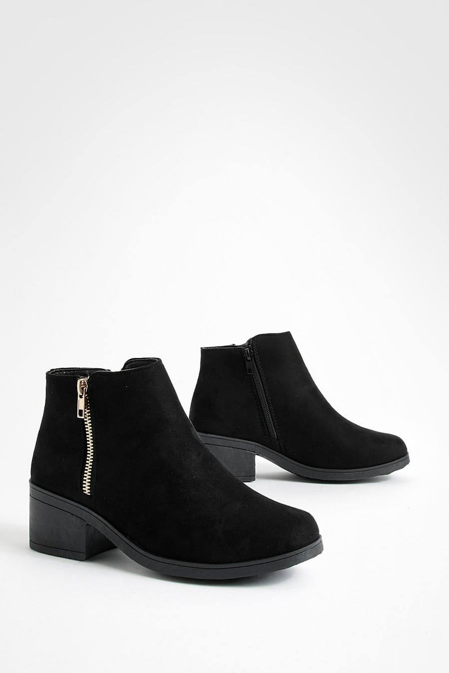 Black schwarz Zip Side Block Heel Chelsea Boots