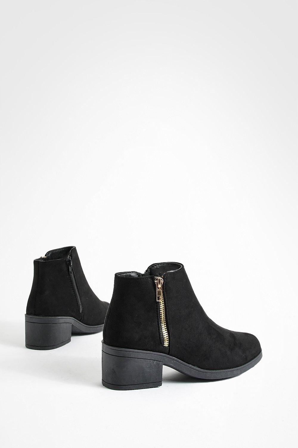 Boohoo Side Zip Low Block Heel Boots - Black - Size 7
