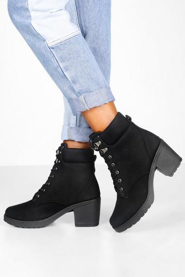 Padded Cuff Block Heel Hiker Boots black