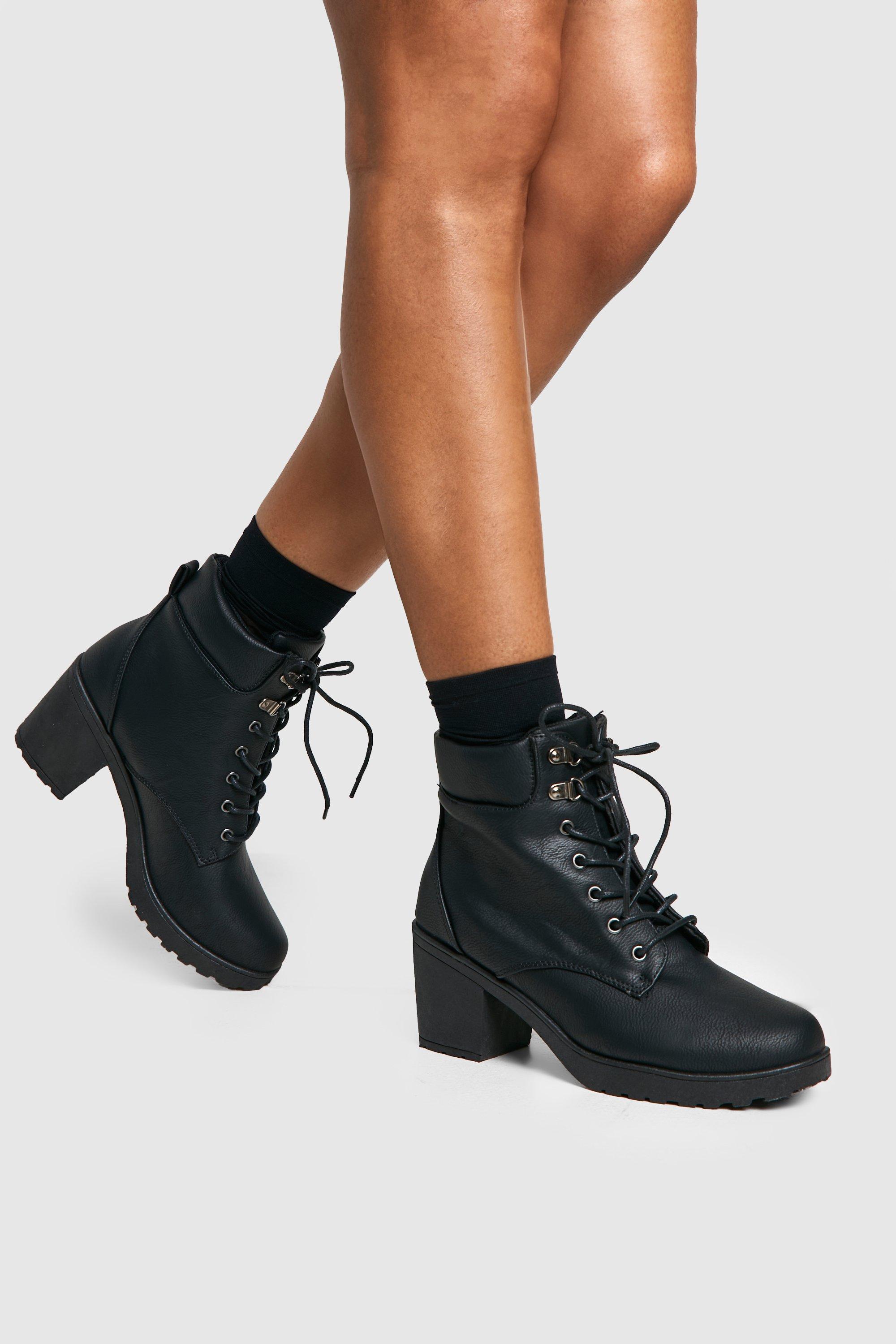 boohoo Padded Cuff Block Heel Combat Boots Black Size 7