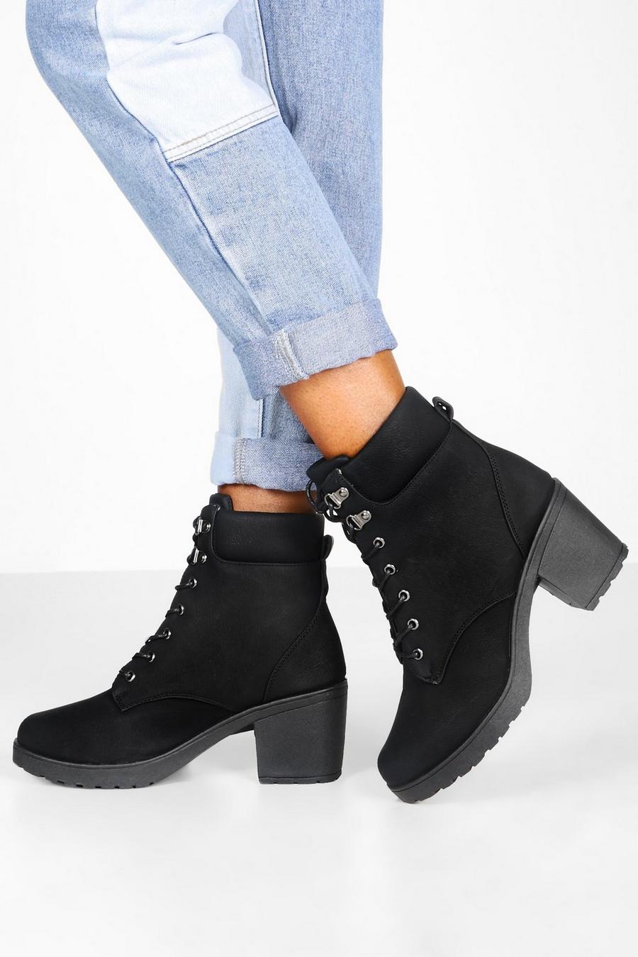 Black svart Padded Cuff Block Heel Hiker Boots
