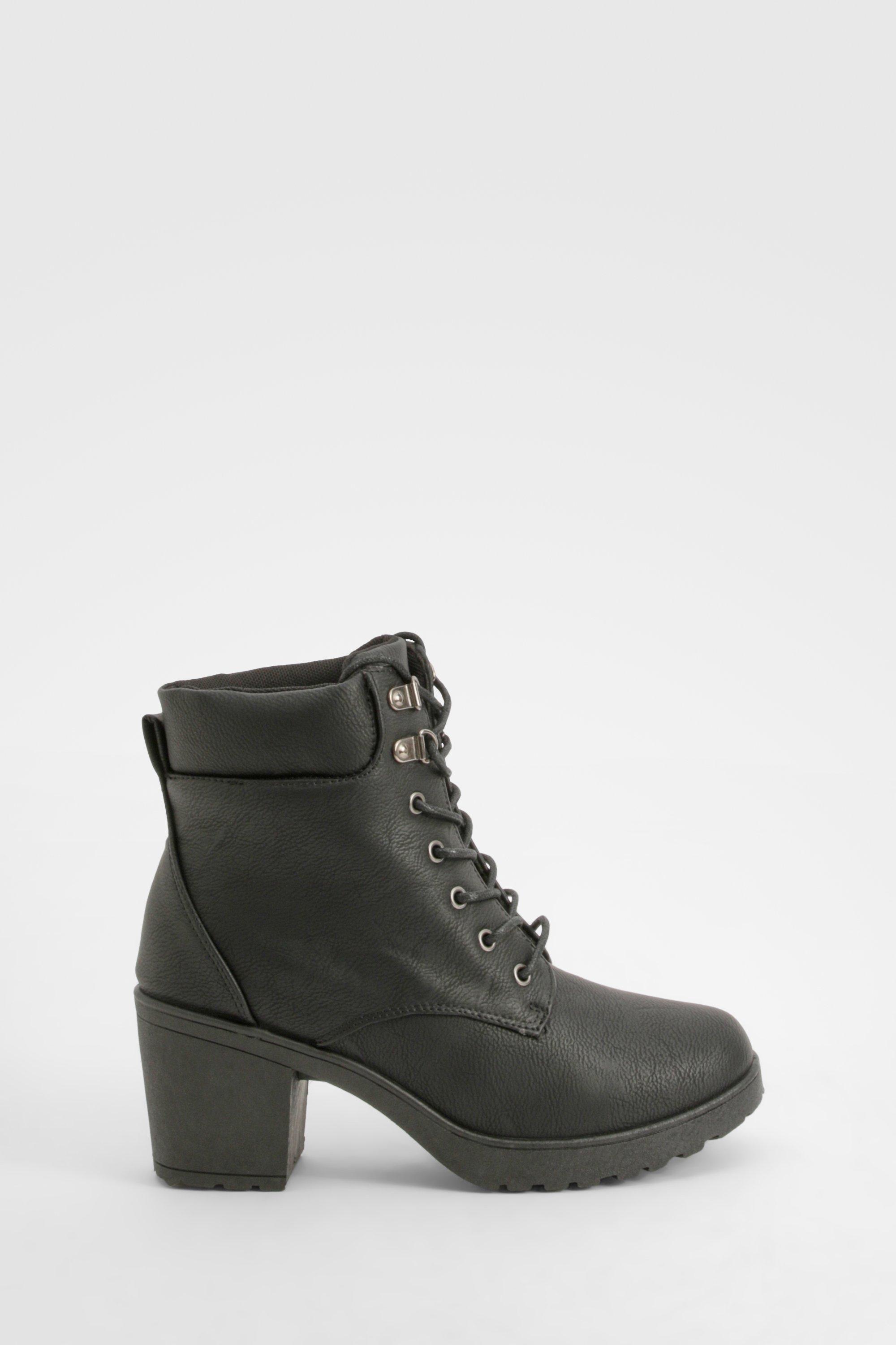 Padded Cuff Block Heel Combat Boots | boohoo