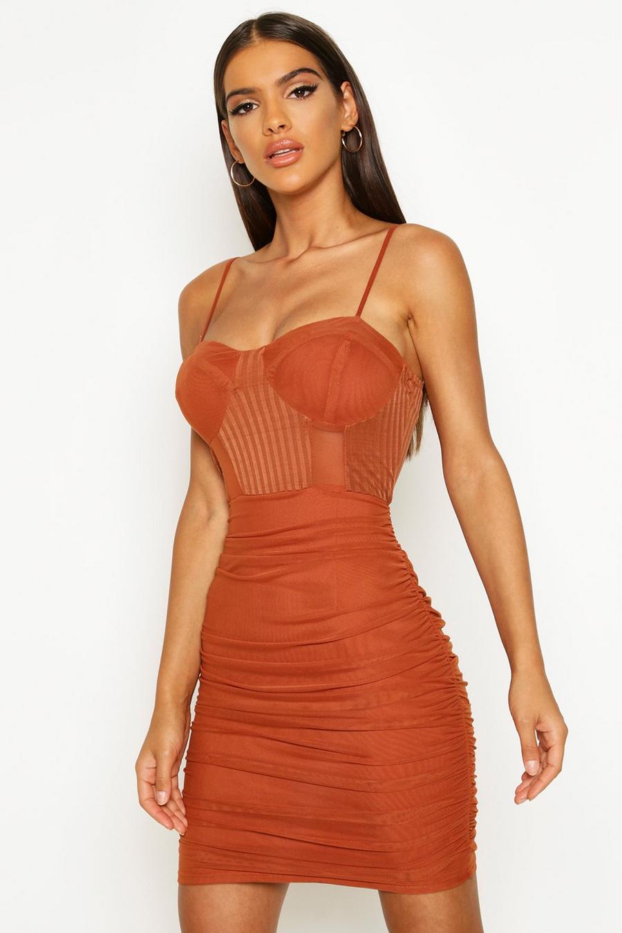 Rust Mesh Ruched Mini Dress image number 1