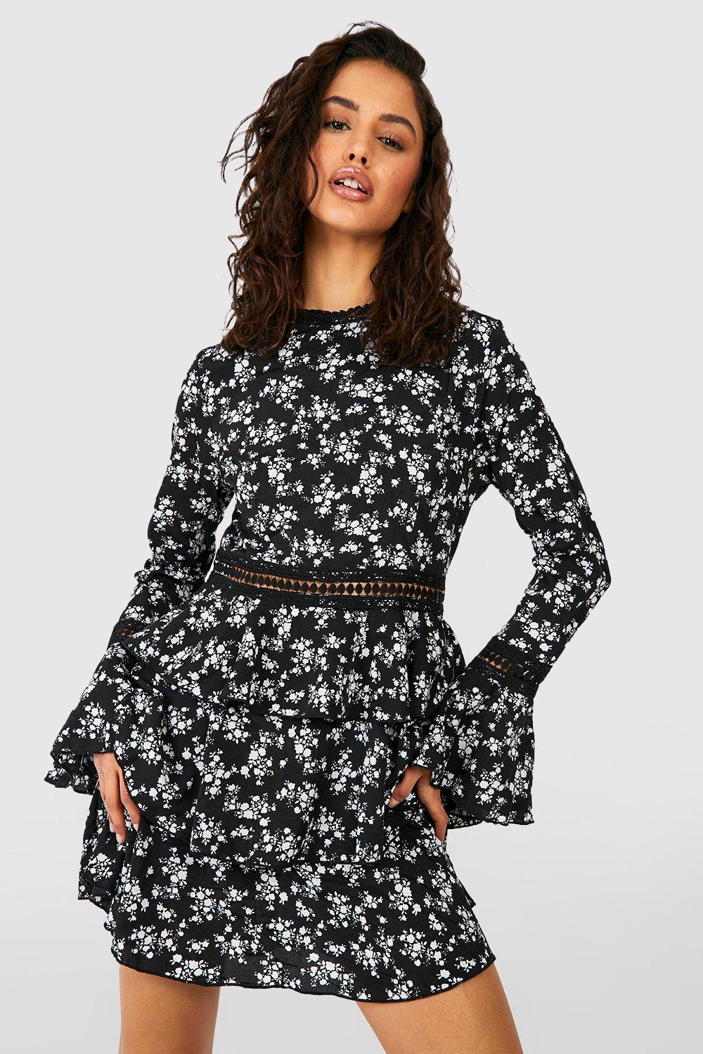 High Neck Floral Tiered Skater Dress | boohoo