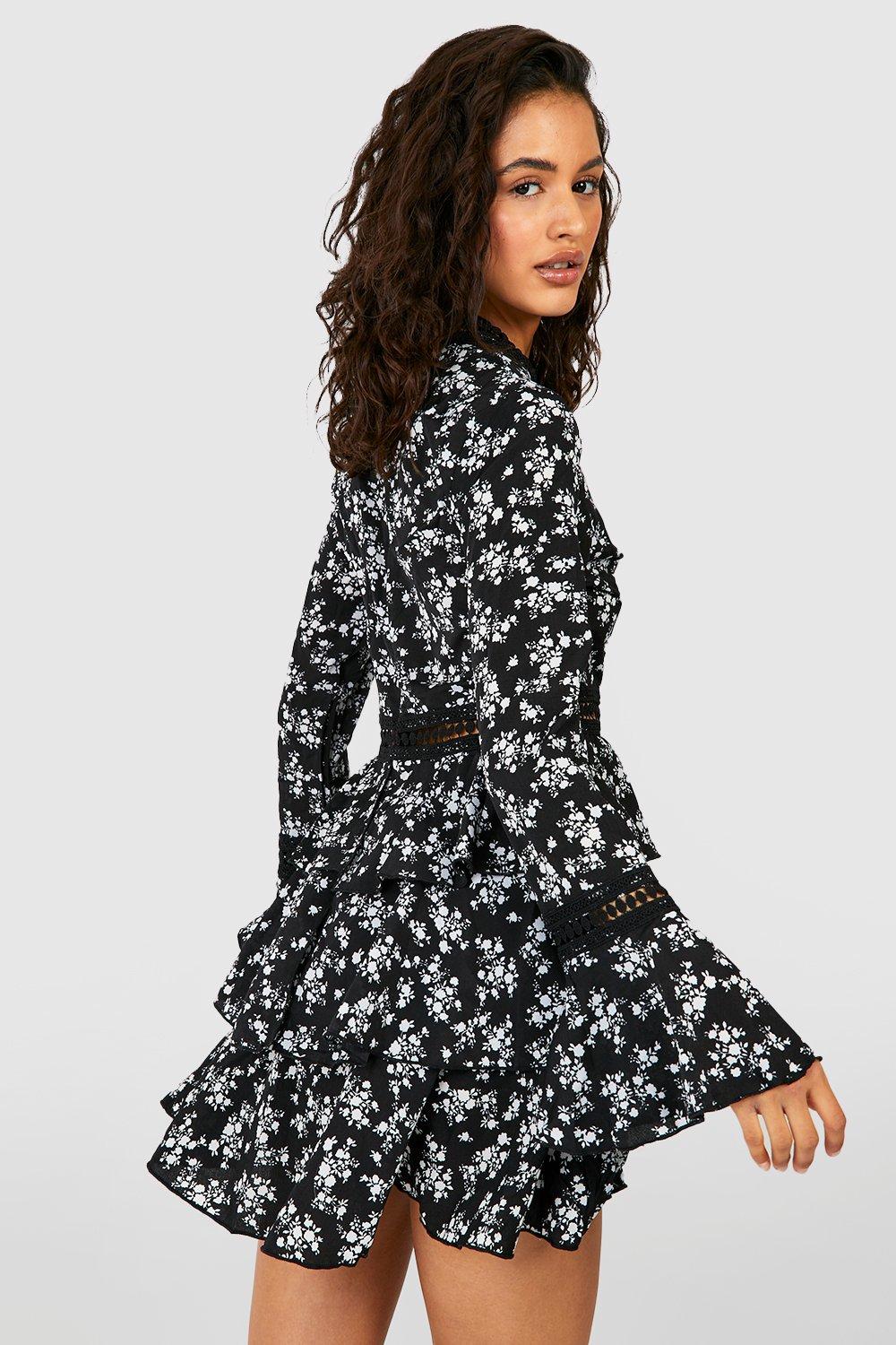 Women s High Neck Floral Tiered Skater Dress Boohoo UK