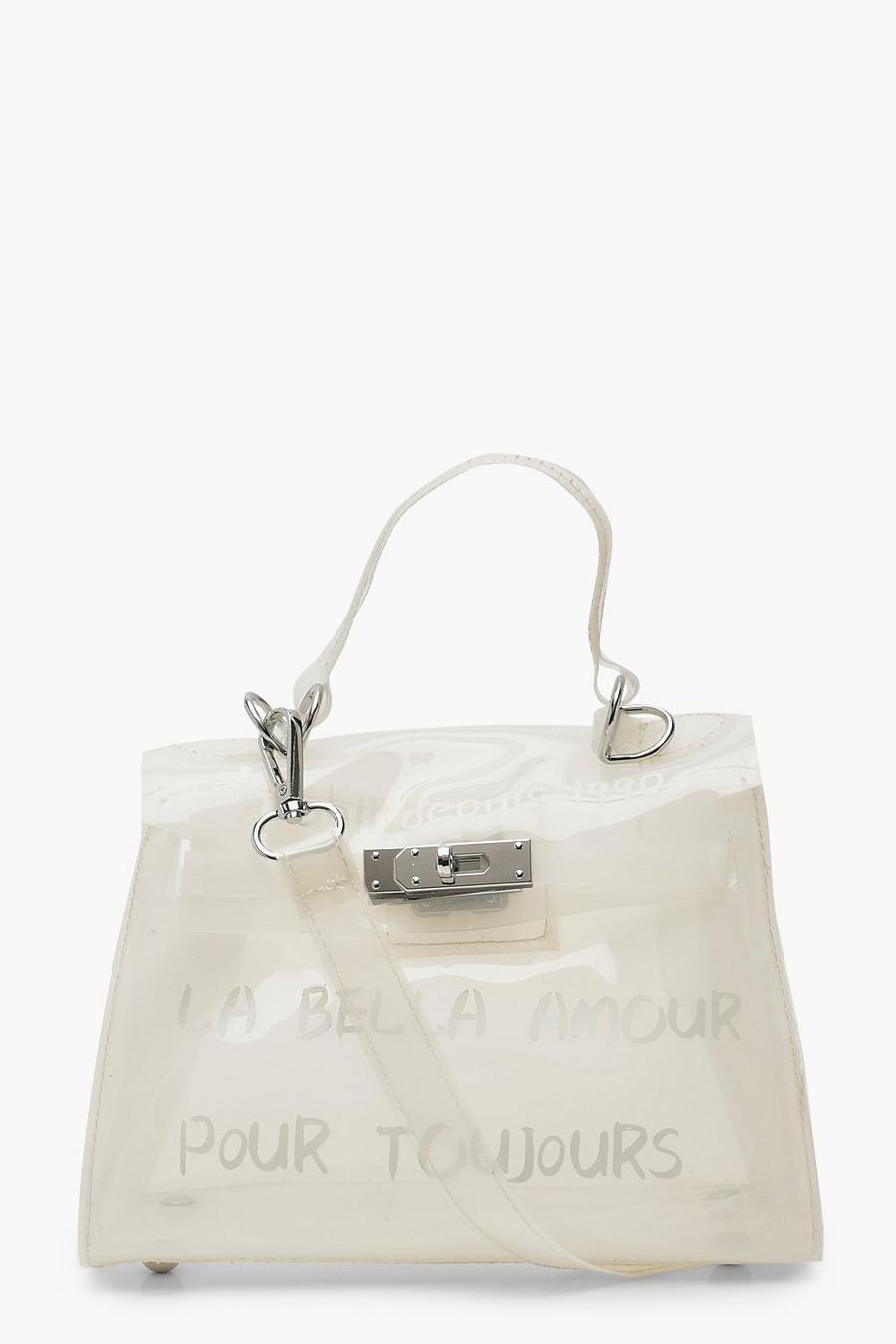 Mini sac bandoulière transparent à slogan et mini verrou, Blanc image number 1
