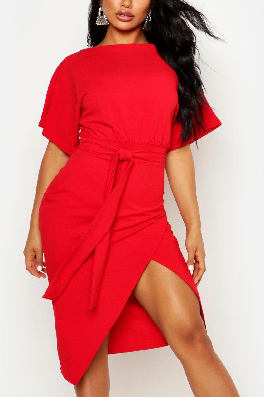 Boohoo angel sleeve ruched hot sale mini dress in red