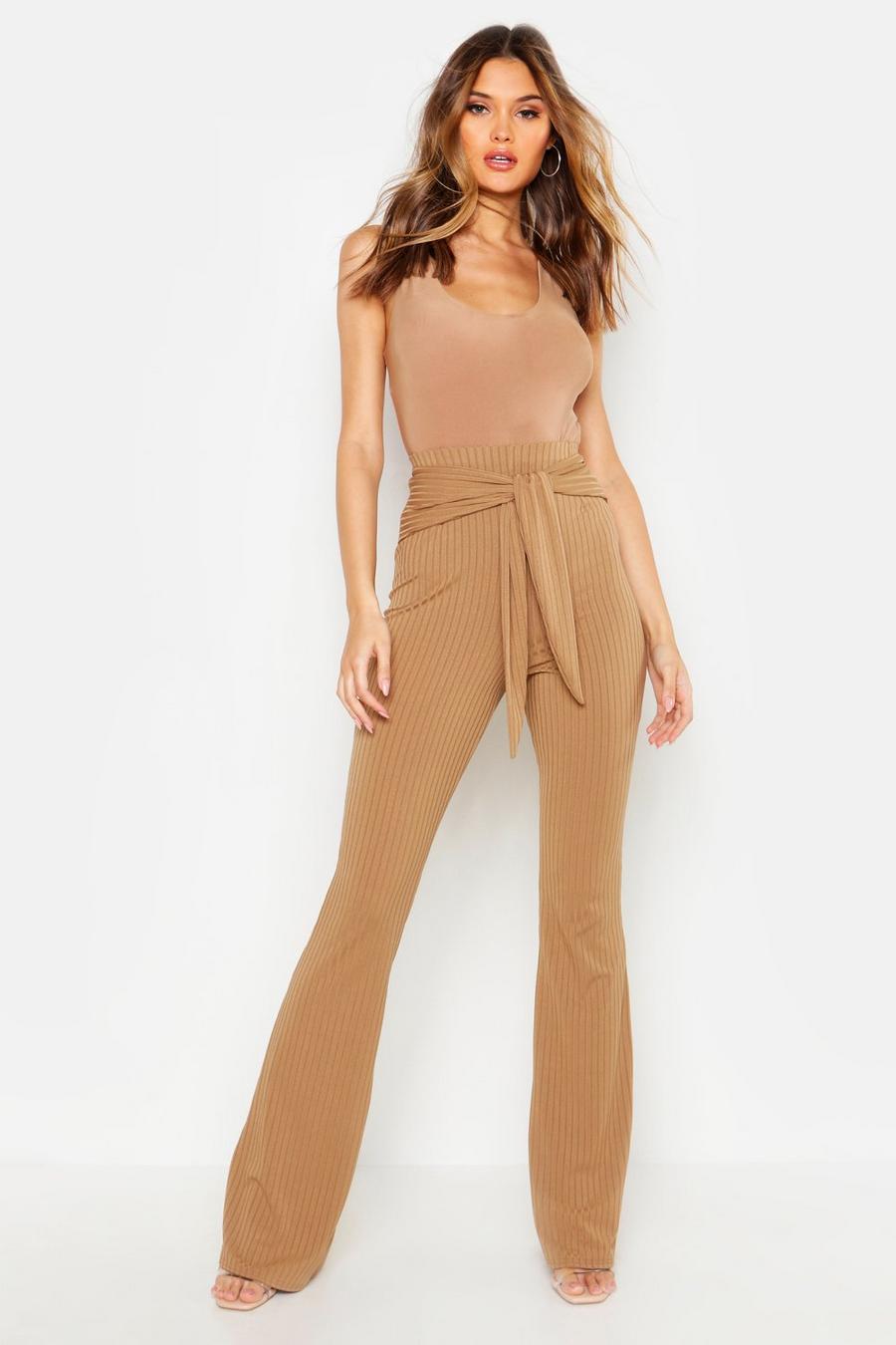 Stone Tie Front Ribbed Flared Pants image number 1