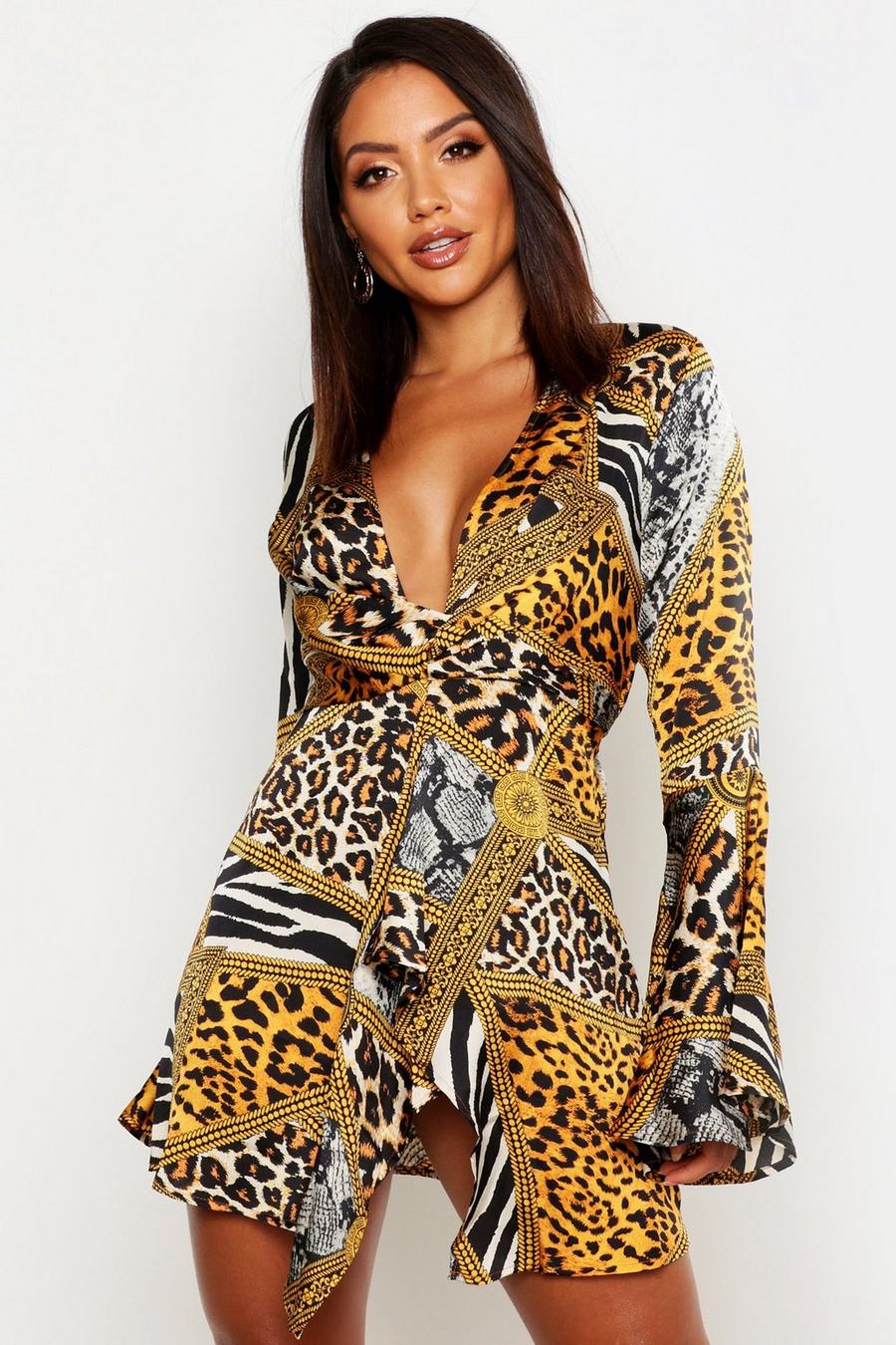 Chain Animal Print Plunge Front Twist Shift Dress image number 1