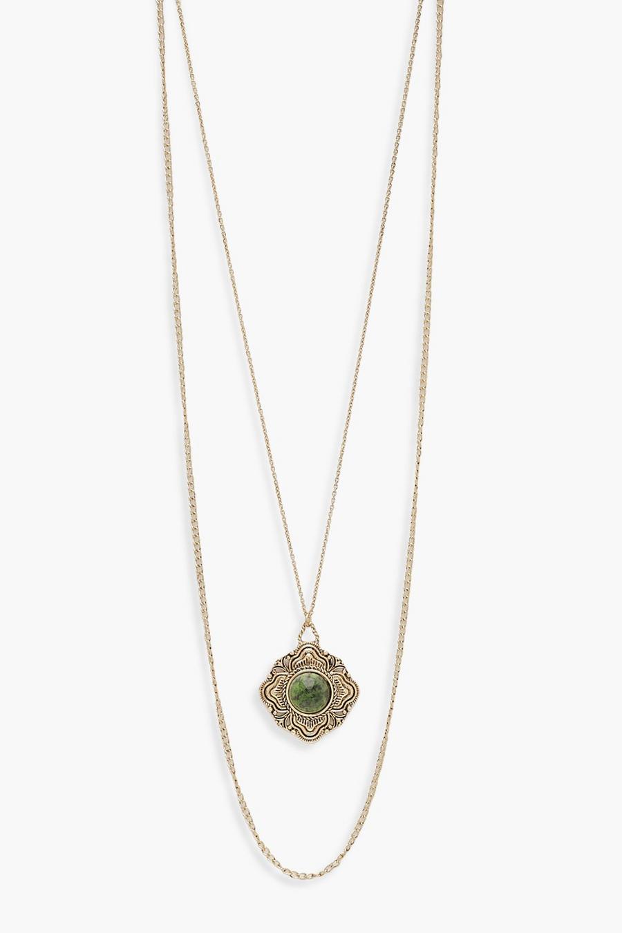 Gold Vintage Look Green Stone Layered Necklace image number 1