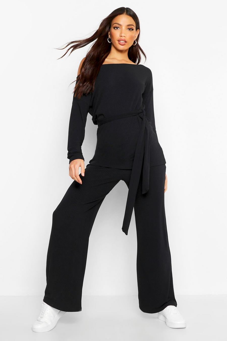 Belted Top & Wide Leg Pants Rib Co-Ord image number 1