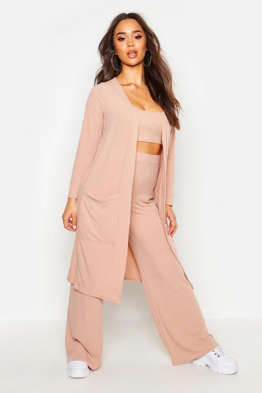 3 Piece Wide Leg Top & Duster Rib Co-Ord image number 1