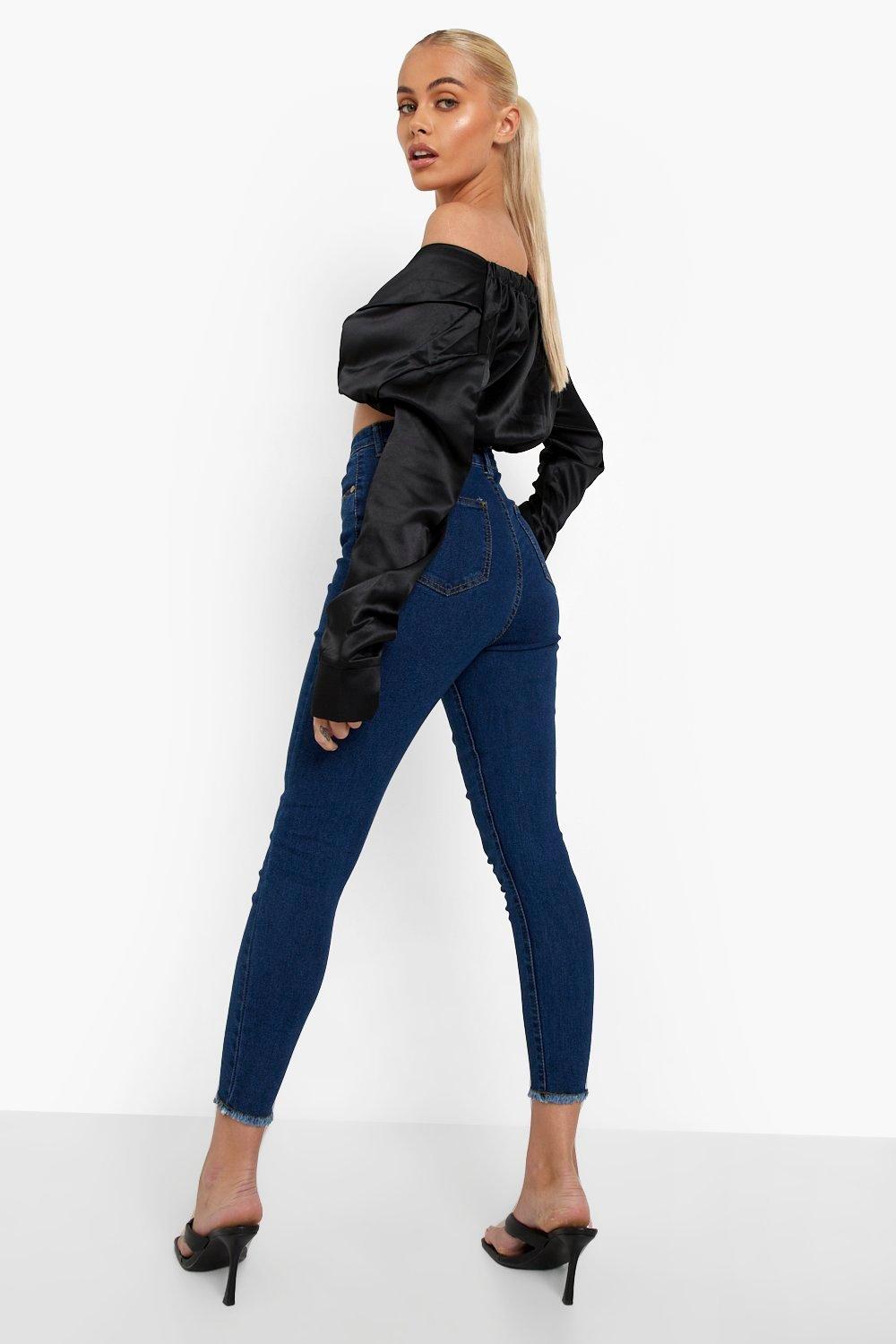 frayed hem black skinny jeans