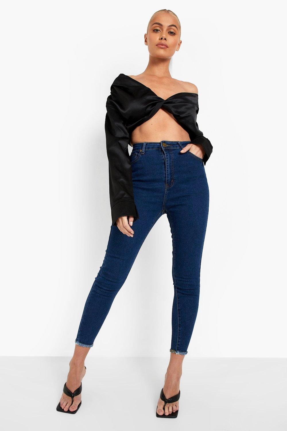 frayed hem black skinny jeans