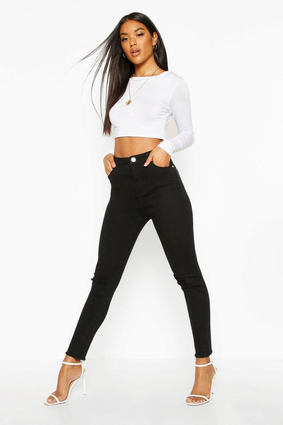 Black Basics High Waist Distressed Frayed Hem Skinny Jeans image number 1