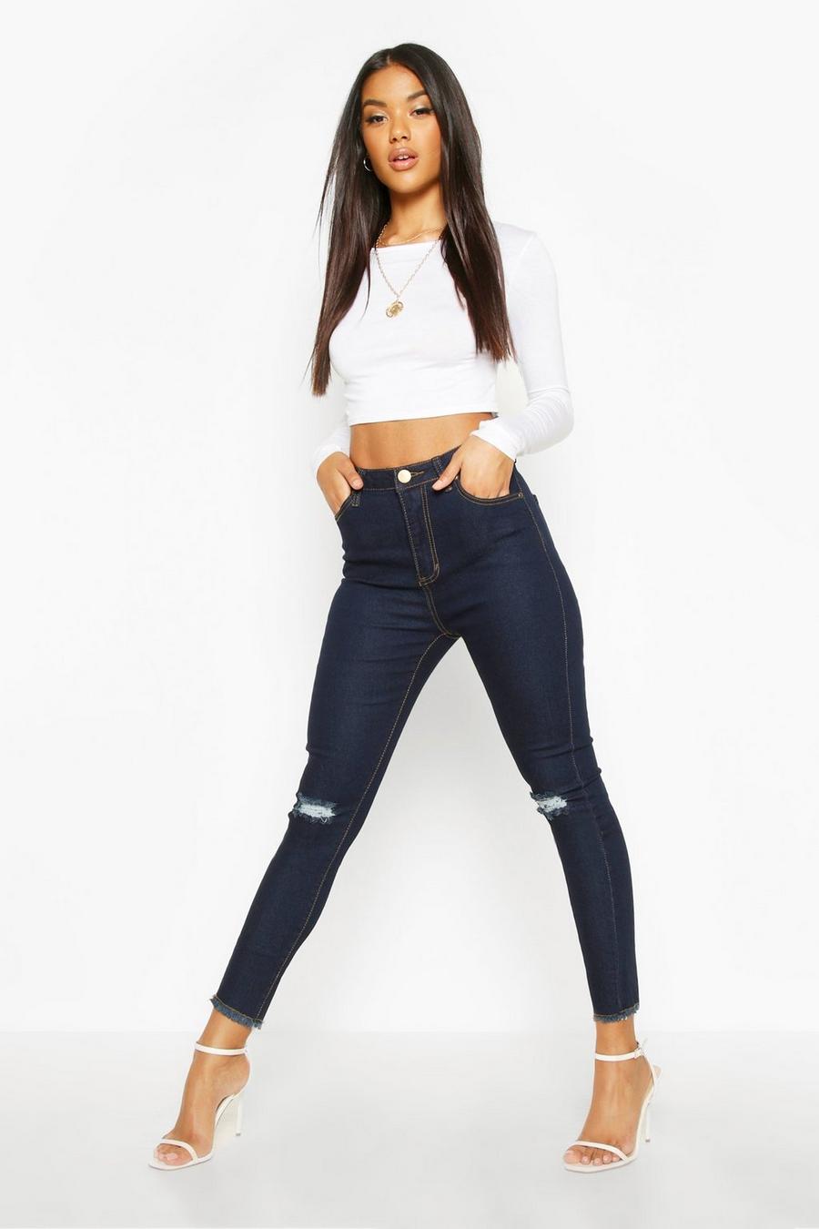כחול כהה סקיני ג'ינס עם קרעים ומכפלת פרומה image number 1