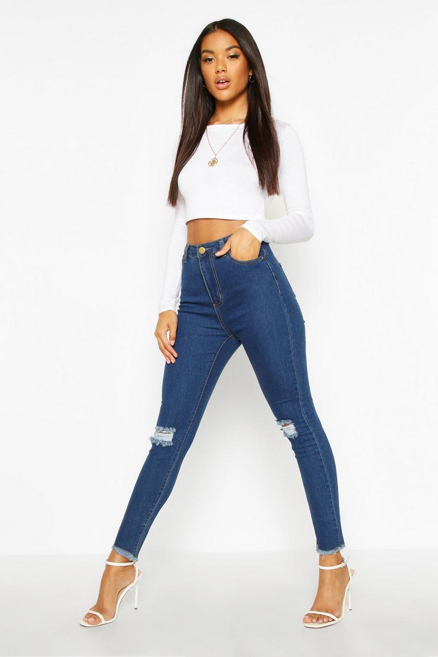 Skinny Jeans mit ausgefranstem Saum im Destroyed-Look, Mittelblau image number 1