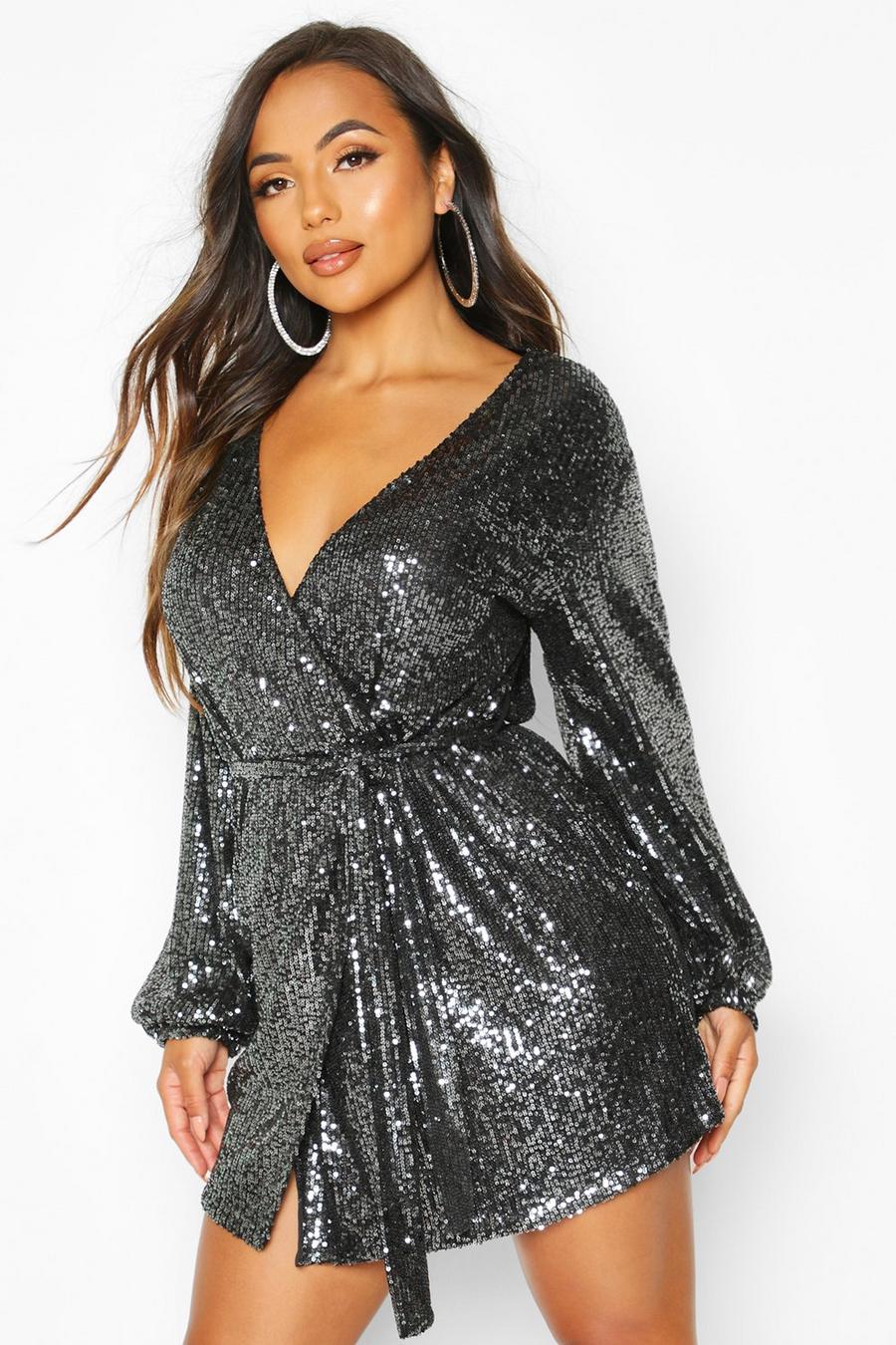 Black Petite Belted Balloon Sleeve Sequin Dress image number 1