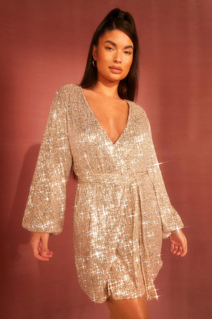 Nude Petite Belted Balloon Sleeve Sequin Dress