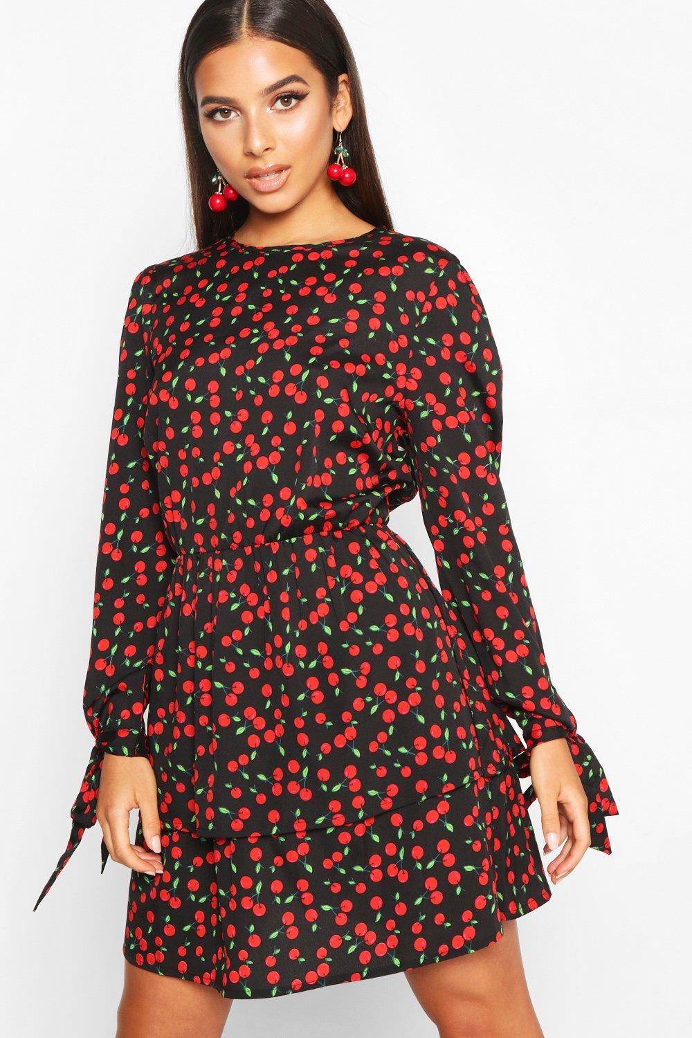 black dress with cherry print